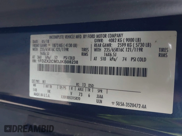 2018 Ford Transit XL z VIN 1FDZX2CM3JKB08238, wystawiony jako IAAI lot #41645406 z przebiegiem 12 733 mil mil oraz . Historia ofert i sprzedaży dostępna na DreamBid. Obrazek 9.