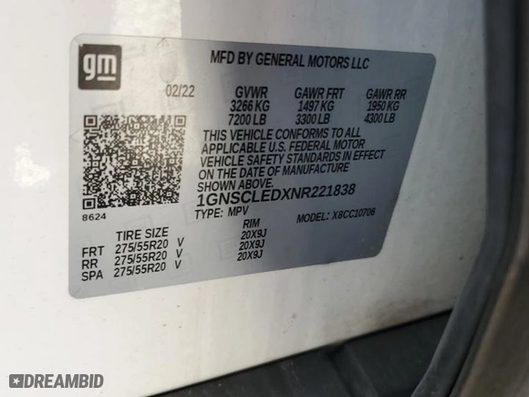2022 Chevrolet Tahoe Commercial with VIN 1GNSCLEDXNR221838, listed as a Copart auction lot 52628815 with 0 mi miles and Salvage Title. Bid and sale history available at carsss.com. Image 12.