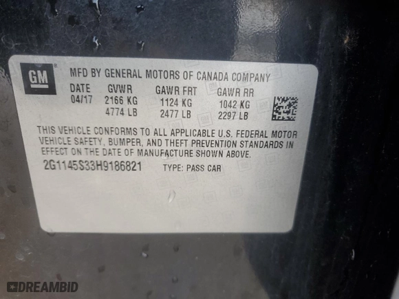 2017 Chevrolet Impala Premier with VIN 2G1145S33H9186821, listed as a Copart auction lot 45906895 with 0 mi miles and Salvage Title. Bid and sale history available at carsss.com. Image 12.