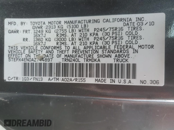 2010 Toyota Tacoma с VIN 5TEPX4EN0AZ744897, выставлен на аукционе Copart как лот 54047625 с пробегом 159 052 миль миль и Чистый • Clean title. История ставок и продаж доступна на DreamBid. Изображение 12.
