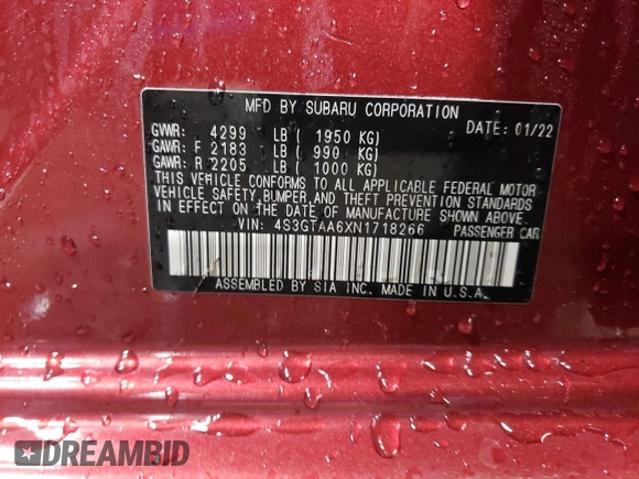2022 Subaru Impreza with VIN 4S3GTAA6XN1718266, listed as a Copart auction lot 46921805 with Not provided miles and Non repairable. Bid and sale history available at DreamBid. Image 12.