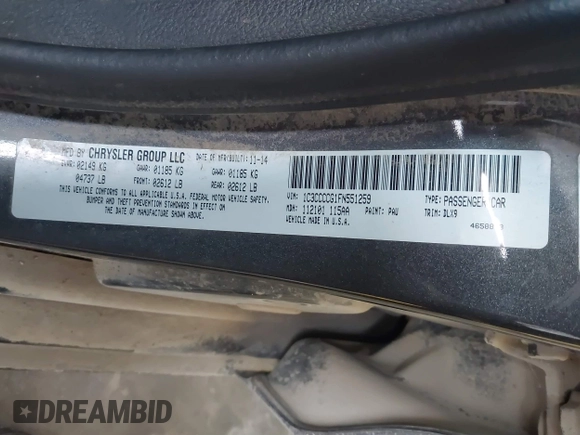 2015 Chrysler 200 C with VIN 1C3CCCCG1FN551259, listed as a IAAI auction lot 41221979 with 98,055 mi miles and . Bid and sale history available at carsss.com. Image 9.