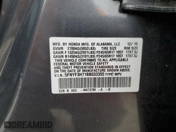 2011 Honda Pilot EX-L with VIN 5FNYF3H71BB033355, listed as a Copart auction lot 49163485 with 197,092 mi miles and Non Repairable. Bid and sale history available at DreamBid. Image 13.
