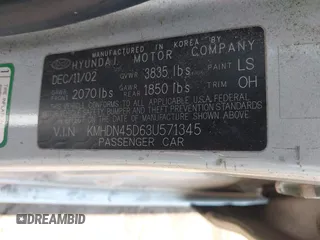 2003 Hyundai Elantra GLS z VIN KMHDN45D63U571345, wystawiony jako IAAI lot #39897105 z przebiegiem 156 805 mil mil oraz . Historia ofert i sprzedaży dostępna na DreamBid. Obrazek 9.