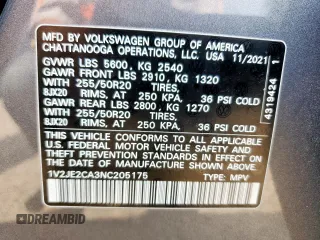 2022 Volkswagen Atlas SE with VIN 1V2JE2CA3NC205175, listed as a Copart auction lot 57333305 with 45,161 mi miles and Salvage title. Bid and sale history available at DreamBid. Image 13.