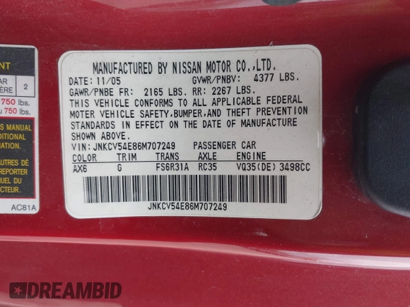 2006 Infiniti G35 Coupe with VIN JNKCV54E86M707249, listed as a IAAI auction lot 42064085 with 138,965 mi miles. Bid and sale history available at carsss.com. Image 9.
