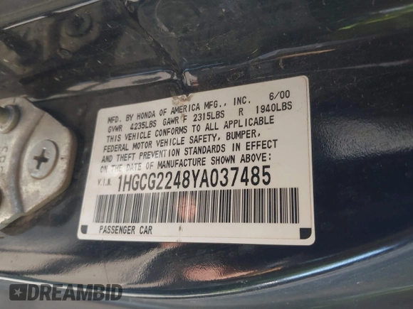 2000 Honda Accord LX z VIN 1HGCG2248YA037485, wystawiony jako IAAI lot #41152127 z przebiegiem Nie podano mil oraz . Historia ofert i sprzedaży dostępna na DreamBid. Obrazek 8.