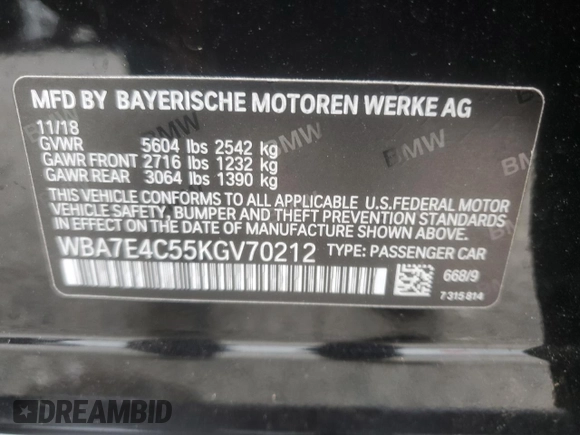 2019 BMW 7 Series 740i xDrive z VIN WBA7E4C55KGV70212, wystawiony jako Copart lot #57330965 z przebiegiem 48 408 mil mil oraz Szkoda całkowita • Salvage title. Historia ofert i sprzedaży dostępna na DreamBid. Obrazek 12.