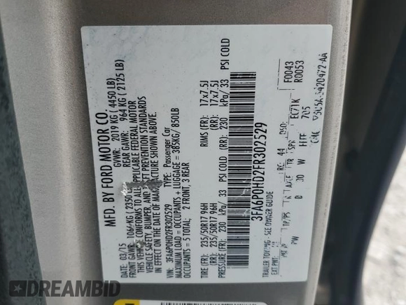 2015 Ford Fusion SE with VIN 3FA6P0HD2FR302529, listed as a Copart auction lot 63992165 with 147,492 mi miles and Salvage title. Bid and sale history available at DreamBid. Image 12.