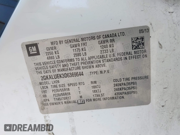 2013 GMC Terrain SLT with VIN 2GKALUEK3D6369644, listed as a IAAI auction lot 41898206 with 151,498 mi miles and . Bid and sale history available at DreamBid. Image 9.