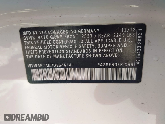2013 Volkswagen CC Sport z VIN WVWAP7AN7DE545141, wystawiony jako IAAI lot #42325238 z przebiegiem 170 478 mil mil oraz . Historia ofert i sprzedaży dostępna na DreamBid. Obrazek 9.