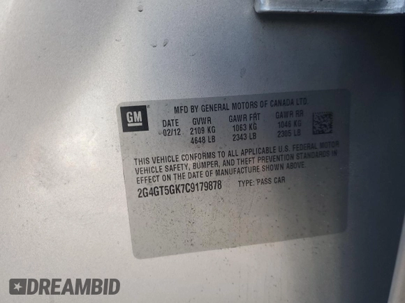 2012 Buick Regal with VIN 2G4GT5GK7C9179878, listed as a Copart auction lot 75122973 with 121,773 mi miles and Salvage Title. Bid and sale history available at DreamBid. Image 13.
