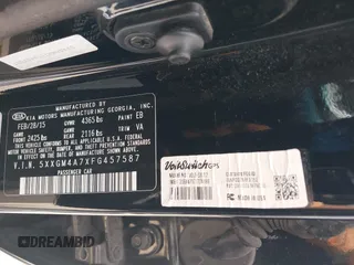 2015 Kia Optima LX with VIN 5XXGM4A7XFG457587, listed as a IAAI auction lot 42162593 with Not Provided miles. Bid and sale history available at carsss.com. Image 9.