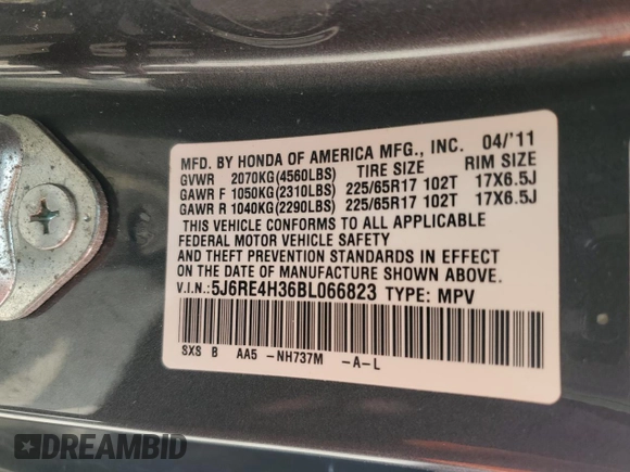 2011 Honda CR-V LX z VIN 5J6RE4H36BL066823, wystawiony jako Copart lot #53536355 z przebiegiem 168 674 mil mil oraz Szkoda całkowita • Salvage title. Historia ofert i sprzedaży dostępna na DreamBid. Obrazek 13.