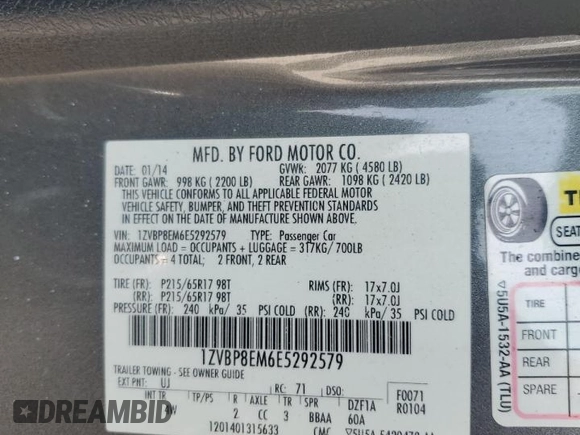 2014 Ford Mustang V6 with VIN 1ZVBP8EM6E5292579, listed as a Copart auction lot 61896995 with 129,872 mi miles and Salvage title. Bid and sale history available at DreamBid. Image 12.