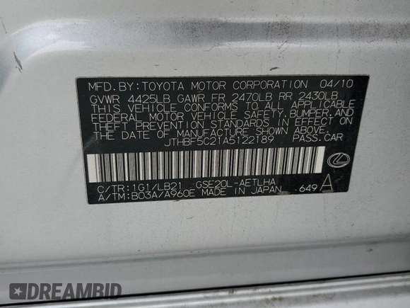 2010 Lexus IS 250 with VIN JTHBF5C21A5122189, listed as a Copart auction lot 53387275 with 166,743 mi miles and Salvage Title. Bid and sale history available at DreamBid. Image 12.