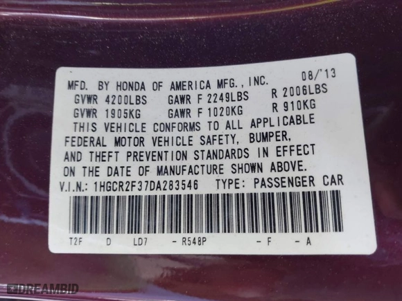 2013 Honda Accord Sdn LX with VIN 1HGCR2F37DA283546, listed as a IAAI auction lot 41899324 with 232,656 mi miles. Bid and sale history available at carsss.com. Image 9.