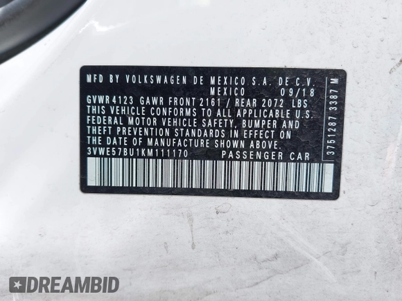 2019 Volkswagen Jetta SEL z VIN 3VWE57BU1KM111170, wystawiony jako IAAI lot #42179819 z przebiegiem 92 300 mil mil oraz . Historia ofert i sprzedaży dostępna na DreamBid. Obrazek 9.