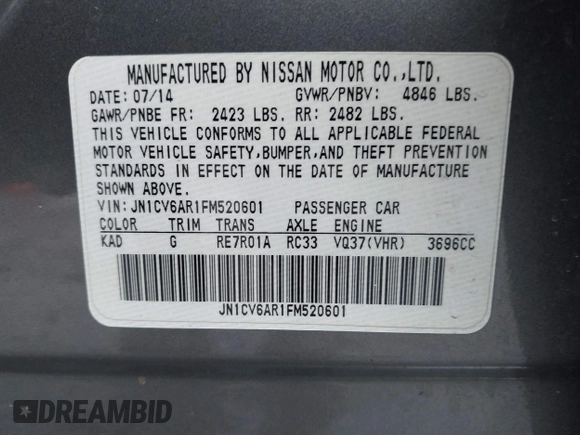 2015 Infiniti Q40 with VIN JN1CV6AR1FM520601, listed as a IAAI auction lot 41854014 with 157,684 mi miles and . Bid and sale history available at DreamBid. Image 9.