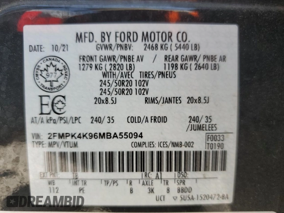 2021 Ford Edge Titanium with VIN 2FMPK4K96MBA55094, listed as a Copart auction lot 60990145 with 30,400 mi miles and Clean title. Bid and sale history available at DreamBid. Image 13.
