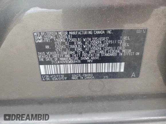 2012 Toyota RAV4 with VIN 2T3JK4DV9CW068406, listed as a Copart auction lot 43983485 with 96,015 mi miles and Salvage Title. Bid and sale history available at carsss.com. Image 12.