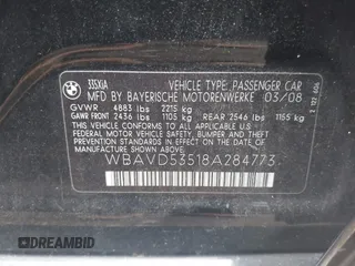 2008 BMW 3 Series 335xi with VIN WBAVD53518A284773, listed as a IAAI auction lot 39953178 with Not provided miles and . Bid and sale history available at DreamBid. Image 9.