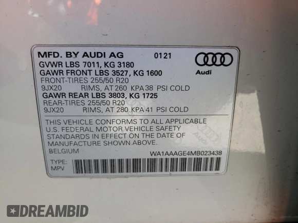 2021 Audi e-tron Premium with VIN WA1AAAGE4MB023438, listed as a Copart auction lot 72274743 with 34,502 mi miles. Bid and sale history available at carsss.com. Image 13.