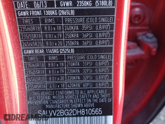 2013 Land Rover Range Rover Evoque Prestige Premium with VIN SALVV2BG2DH810565, listed as a Copart auction lot 77747434 with 148,607 mi miles and Salvage Title. Bid and sale history available at carsss.com. Image 13.