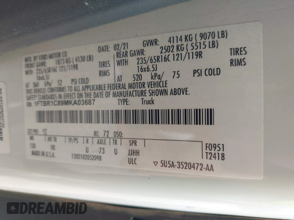 2021 Ford Transit Cargo with VIN 1FTBR1C89MKA03687, listed as a IAAI auction lot 41791299 with 116,341 mi miles and . Bid and sale history available at DreamBid. Image 8.