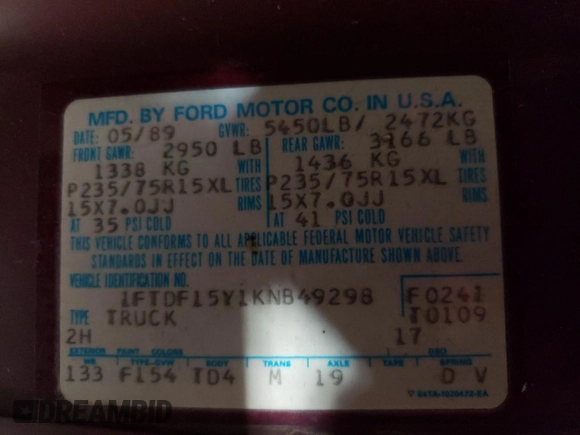 1989 Ford F-150 with VIN 1FTDF15Y1KNB49298, listed as a Copart auction lot 85280274 with 63,648 mi miles and Clean Title. Bid and sale history available at carsss.com. Image 12.