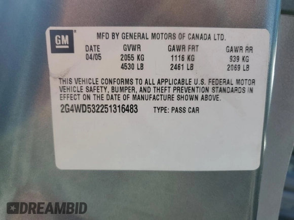 2005 Buick LaCrosse CXL z VIN 2G4WD532251316483, wystawiony jako Copart lot #55982355 z przebiegiem 114 982 mil mil oraz Szkody całkowita. Historia ofert i sprzedaży dostępna na DreamBid. Obrazek 12.