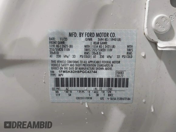 2023 Ford Explorer XLT с VIN 1FMSK8DH8PGC42744, выставлен на аукционе IAAI как лот 42436176 с пробегом 11 840 миль миль и . История ставок и продаж доступна на DreamBid. Изображение 9.