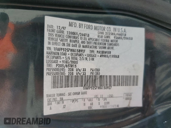 1998 Ford Taurus z VIN 1FAFP52S7WA158927, wystawiony jako Copart lot #45677185 z przebiegiem 68 722 mil mil oraz Szkoda całkowita • Salvage title. Historia ofert i sprzedaży dostępna na DreamBid. Obrazek 12.