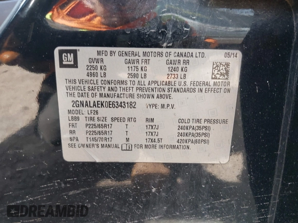 2014 Chevrolet Equinox LS z VIN 2GNALAEK0E6343182, wystawiony jako IAAI lot #42098557 z przebiegiem 165 000 mil mil oraz . Historia ofert i sprzedaży dostępna na DreamBid. Obrazek 9.