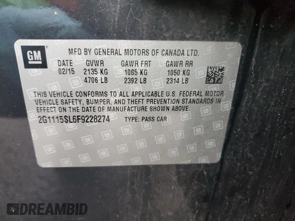 2015 Chevrolet Impala LT with VIN 2G1115SL6F9228274, listed as a Copart auction lot 51830005 with 188,884 mi miles and Clean Title. Bid and sale history available at DreamBid. Image 12.