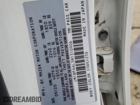 2021 Mazda 3 S with VIN JM1BPAAL3M1310906, listed as a Copart auction lot 52217105 with Not Provided miles and Salvage Title. Bid and sale history available at DreamBid. Image 14.