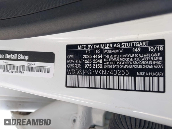 2019 Mercedes-Benz CLA 250 with VIN WDDSJ4GB9KN743255, listed as a IAAI auction lot 42080248 with 88,533 mi miles and . Bid and sale history available at DreamBid. Image 9.