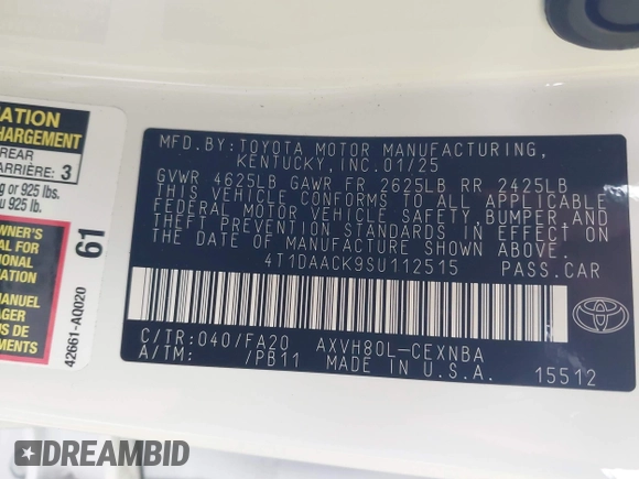2025 Toyota Camry LE with VIN 4T1DAACK9SU112515, listed as a IAAI auction lot 41932562 with 587 mi miles and . Bid and sale history available at DreamBid. Image 9.