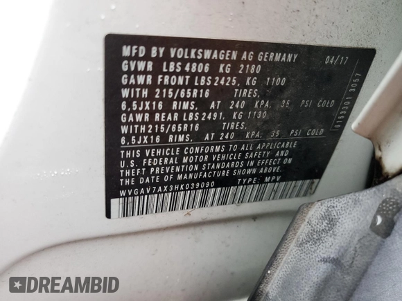 2017 Volkswagen Tiguan S with VIN WVGAV7AX3HK039090, listed as a Copart auction lot 74625704 with 62,359 mi miles and Salvage title. Bid and sale history available at DreamBid. Image 14.