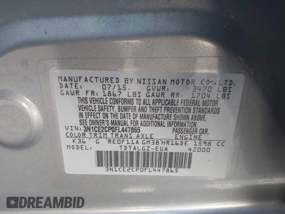 2015 Nissan Note S with VIN 3N1CE2CP0FL447865, listed as a IAAI auction lot 41578442 with 90,837 mi miles and . Bid and sale history available at DreamBid. Image 9.