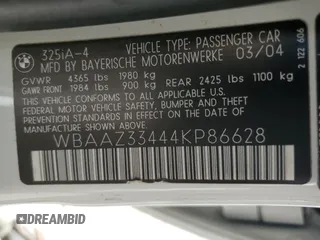 2004 BMW 3 Series 325i with VIN WBAAZ33444KP86628, listed as a Copart auction lot 59494984 with 106,078 mi miles and Salvage Title. Bid and sale history available at carsss.com. Image 12.