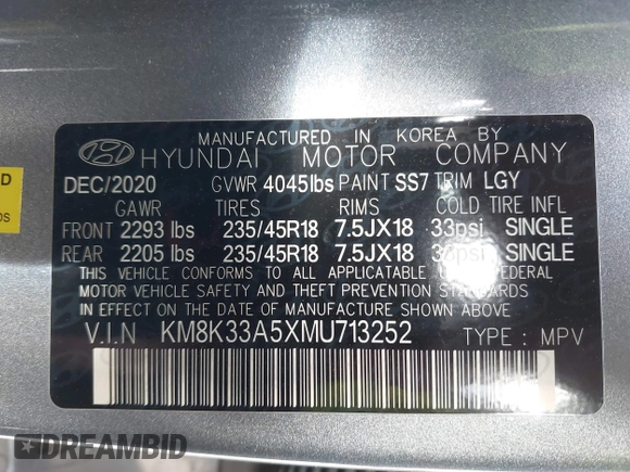 2021 Hyundai Kona Limited with VIN KM8K33A5XMU713252, listed as a IAAI auction lot 41367697 with 42,991 mi miles. Bid and sale history available at carsss.com. Image 9.