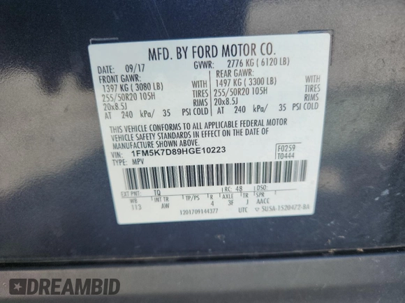 2017 Ford Explorer XLT with VIN 1FM5K7D89HGE10223, listed as a Copart auction lot 62534275 with 144,394 mi miles and Salvage title. Bid and sale history available at DreamBid. Image 13.