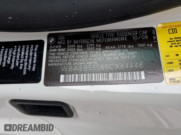 2009 BMW 6 Series 650i with VIN WBAEB53589CX64448, listed as a Copart auction lot 73867784 with 80,795 mi miles and Salvage Title. Bid and sale history available at carsss.com. Image 13.