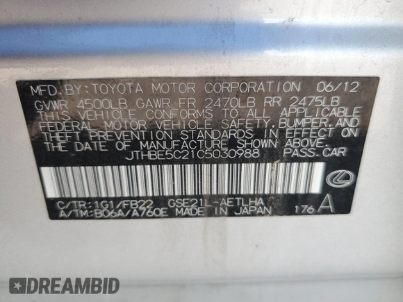 2012 Lexus IS 350 с VIN JTHBE5C21C5030988, выставлен на аукционе Copart как лот 68293334 с пробегом 160 411 миль миль и Списание • Salvage title. История ставок и продаж доступна на DreamBid. Изображение 14.
