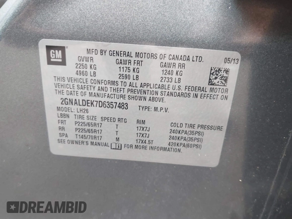 2013 Chevrolet Equinox LT with VIN 2GNALDEK7D6357483, listed as a IAAI auction lot 42233931 with 122,848 mi miles and . Bid and sale history available at DreamBid. Image 9.