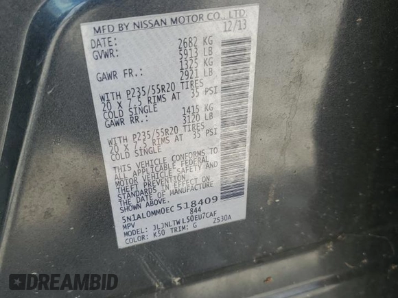 2014 Infiniti QX60 с VIN 5N1AL0MM0EC518409, выставлен на аукционе Copart как лот 63569245 с пробегом 143 622 миль миль и Чистый • Clean title. История ставок и продаж доступна на DreamBid. Изображение 13.