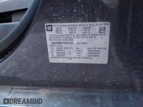 2015 Chevrolet Silverado 1500 LT with VIN 3GCUKREC1FG491508, listed as a IAAI auction lot 42040659 with 225,855 mi miles and . Bid and sale history available at DreamBid. Image 9.