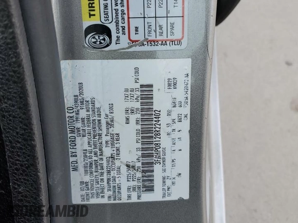 2008 Ford Fusion SEL with VIN 3FAHP08128R224402, listed as a Copart auction lot 47779215 with 209,736 mi miles and Salvage Title. Bid and sale history available at carsss.com. Image 14.