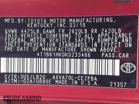 2019 Toyota Camry XSE with VIN 4T1B61HK0KU233466, listed as a IAAI auction lot 41035953 with 122,384 mi miles. Bid and sale history available at carsss.com. Image 9.
